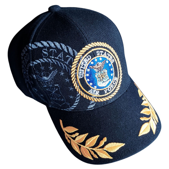 United States Air Force Embroidered Insignia Laurels Black Yellow Hook Loop Hat - Picture 1 of 6